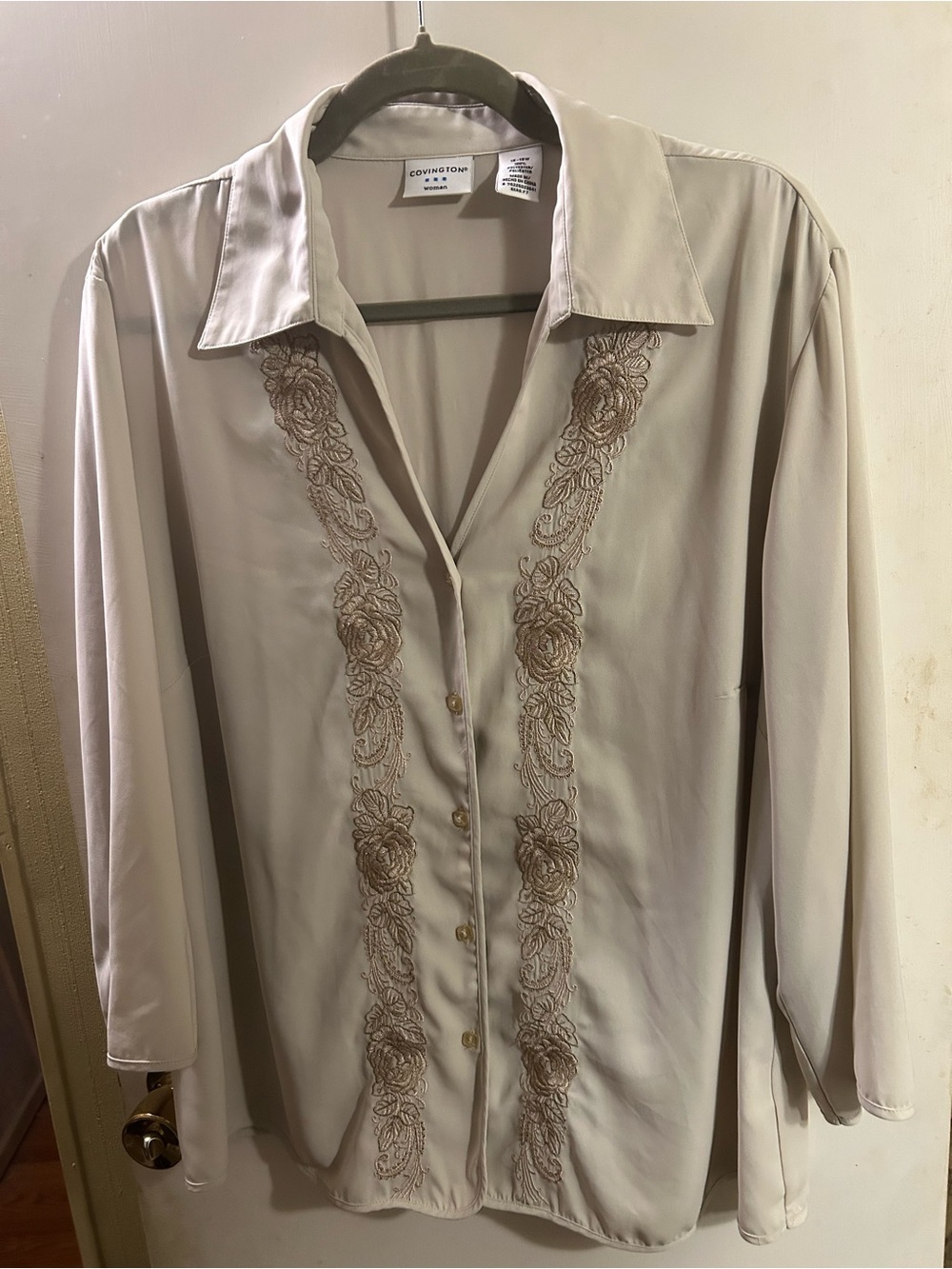 Covington Beige Cream Embroidered Button-Down Shirt